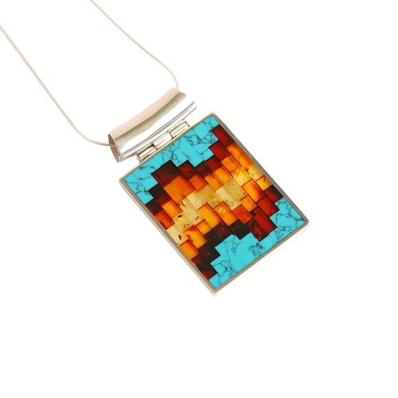 Baltic Amber and Turquoise Mosaic Pendant Necklace in 925 Sterling Silver - Picture 3 of 6